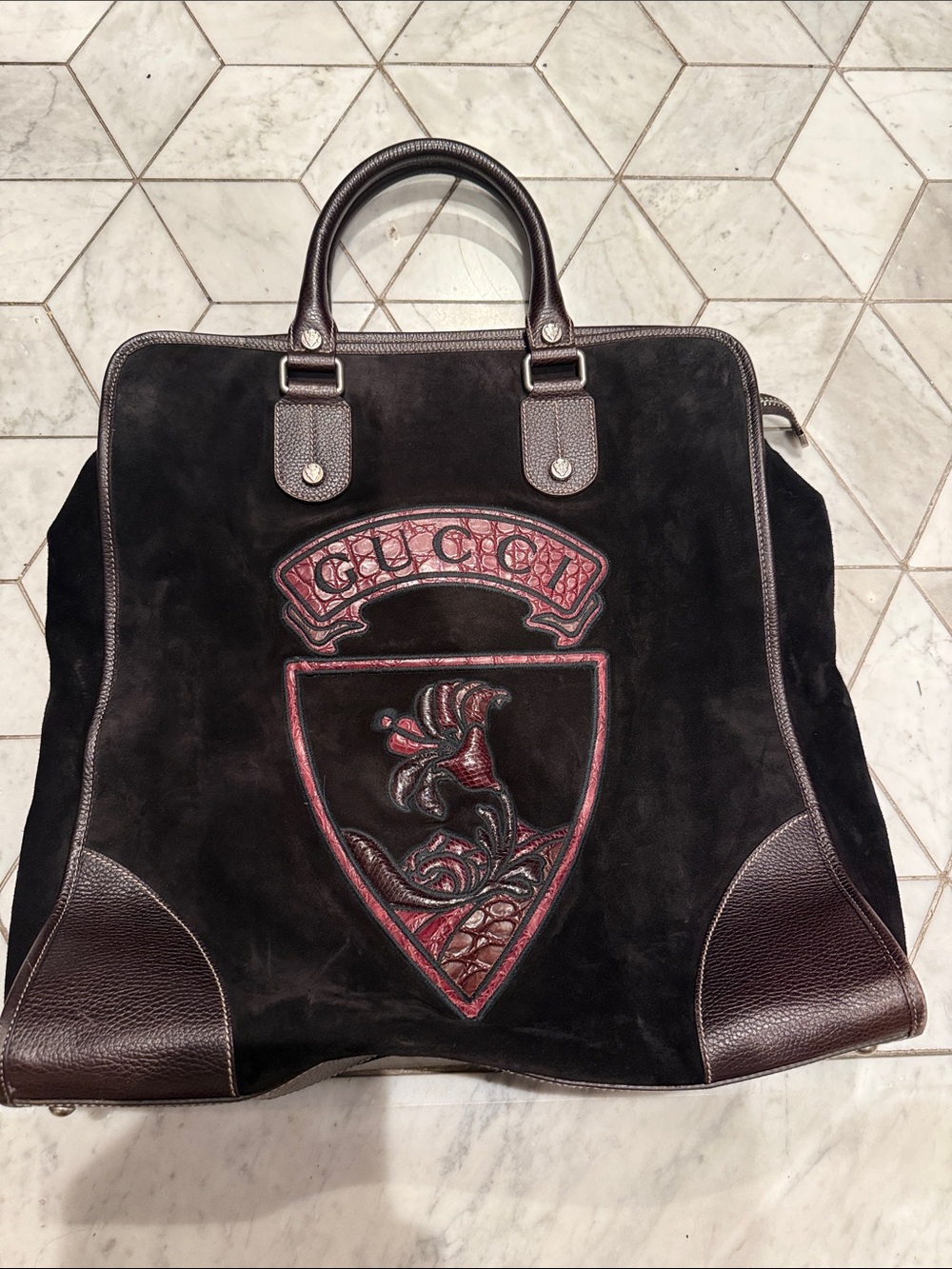 Gucci Brown and Burgundy Suede Shield Tote Bag